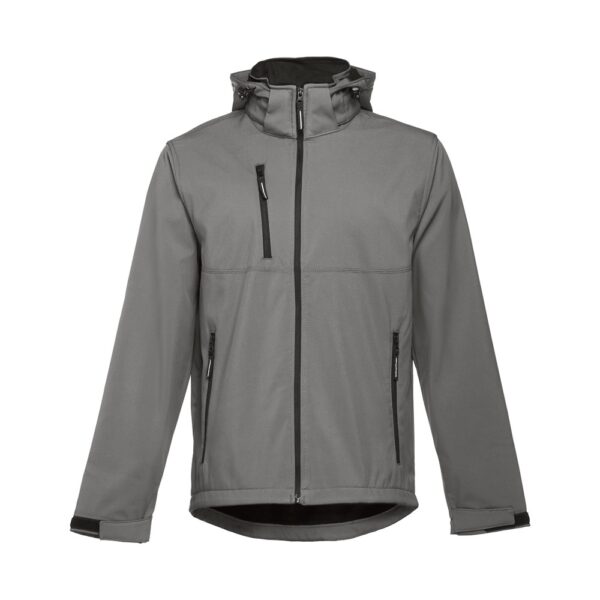 THC ZAGREB. Men's softshell jacket with detachable hood and rounded back hem