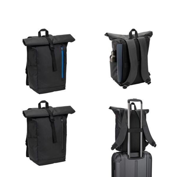 OSASCO BPACK. Roll top backpack with a zip system design that allows the top to be rolled up to fit the volume of the backpack, made from 600D recycled polyester