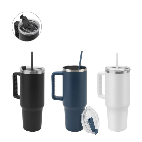 94373_set JOYNER XL. Large stainless steel travel cup (91% recycled) with vacuum insulated double wall and a matt finish 1300 mL