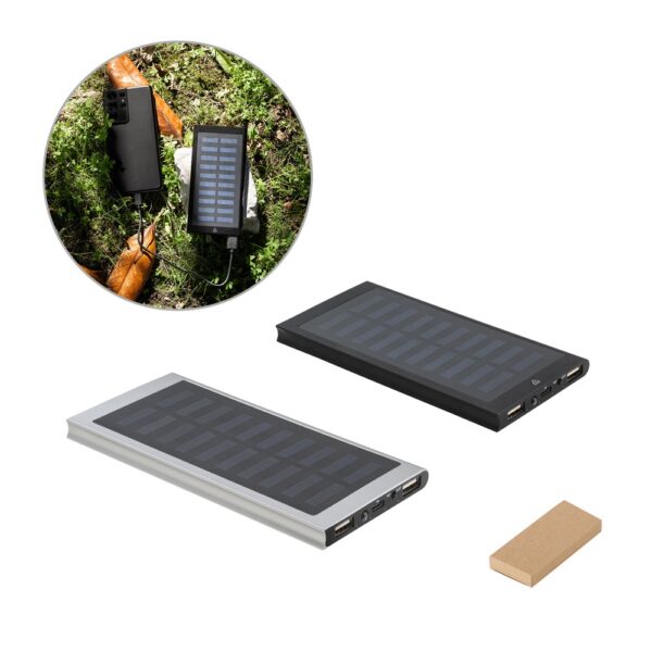 CLERK. 8.000 mAh power bank with solar panel in 100% recycled aluminium