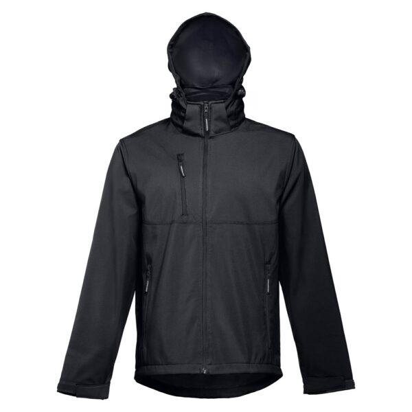THC ZAGREB. Men's softshell jacket with detachable hood and rounded back hem