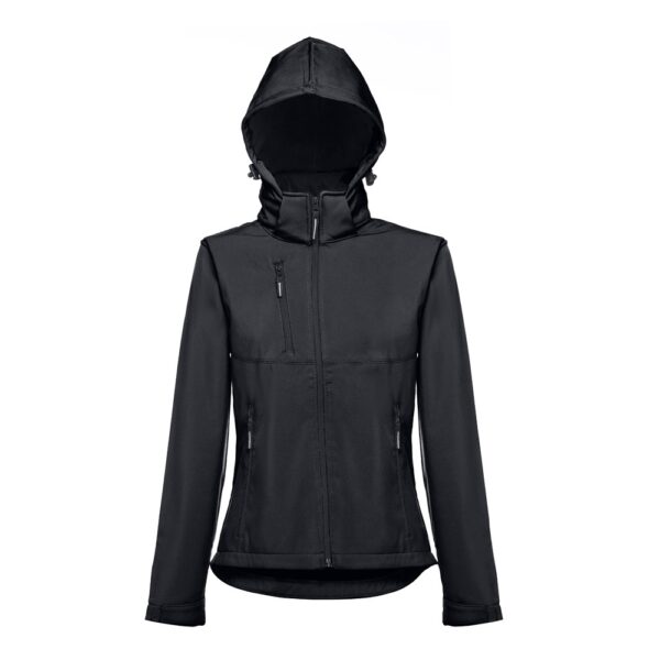 30181_103-d THC ZAGREB WOMEN. Women's softshell jacket with detachable hood and rounded back hem