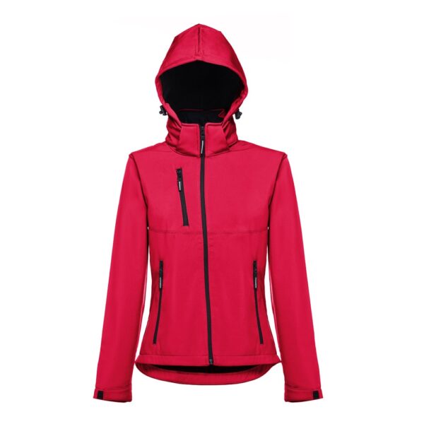 30181_105-d THC ZAGREB WOMEN. Women's softshell jacket with detachable hood and rounded back hem