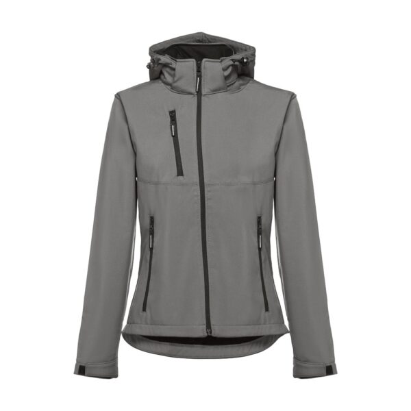 30181_113 THC ZAGREB WOMEN. Women's softshell jacket with detachable hood and rounded back hem