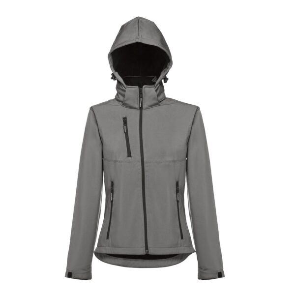 30181_113-d THC ZAGREB WOMEN. Women's softshell jacket with detachable hood and rounded back hem