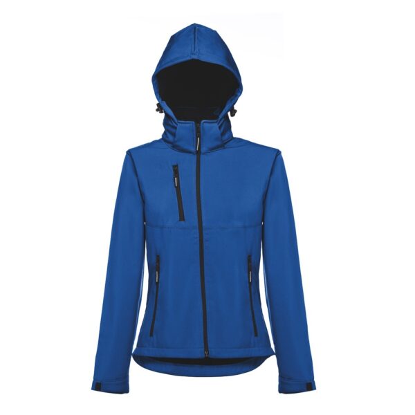 30181_114-d THC ZAGREB WOMEN. Women's softshell jacket with detachable hood and rounded back hem