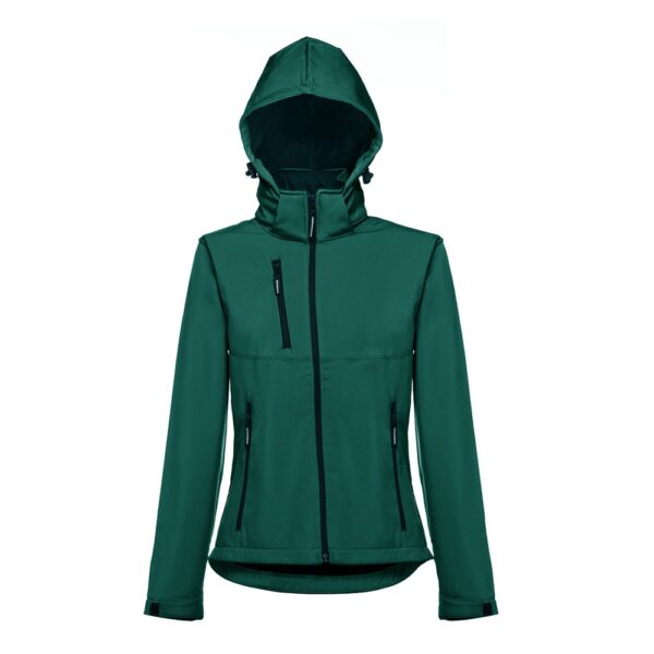 30181_129-d THC ZAGREB WOMEN. Women's softshell jacket with detachable hood and rounded back hem
