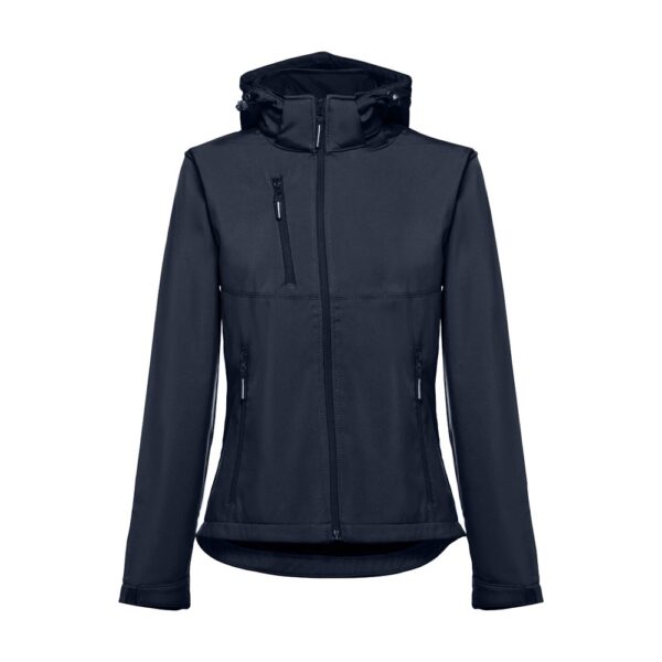 30181_134 THC ZAGREB WOMEN. Women's softshell jacket with detachable hood and rounded back hem