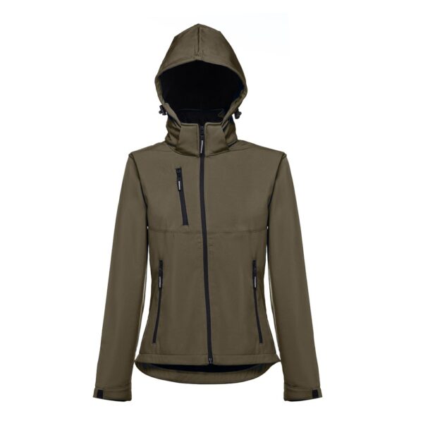 30181_149-d THC ZAGREB WOMEN. Women's softshell jacket with detachable hood and rounded back hem