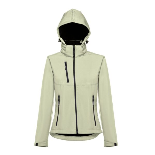 30181_159-d THC ZAGREB WOMEN. Women's softshell jacket with detachable hood and rounded back hem