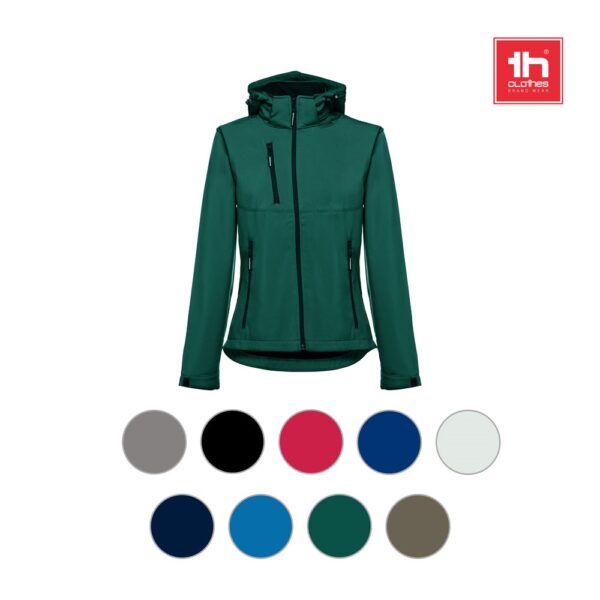 30181_a THC ZAGREB WOMEN. Women's softshell jacket with detachable hood and rounded back hem