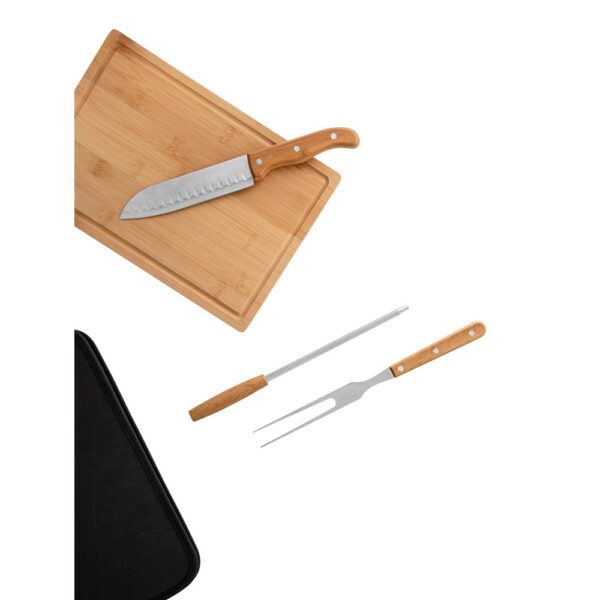 FLARE. Five-piece wooden and stainless steel barbecue set with bamboo board
