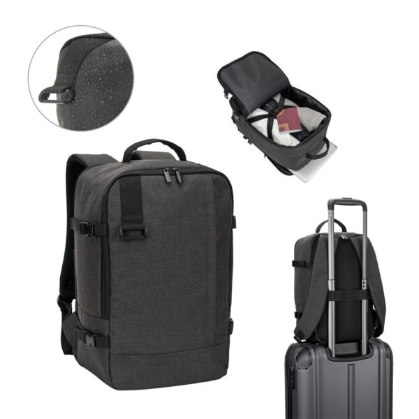 CIES. Backpack developed to fulfil the dimensions required by airlines in high-density 600D recycled polyester