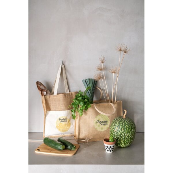 BRAGA. Jute bag (240 g/m²) with pocket in 100% cotton (140 gm²)