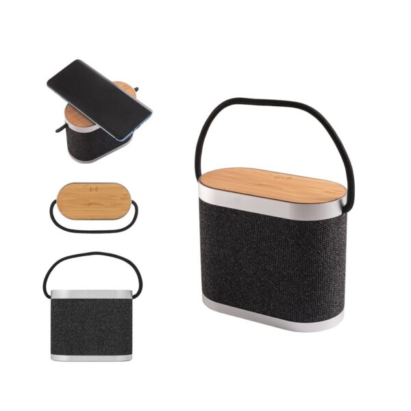 GUETTA. 5W portable speaker with super-fast 15W wireless charger and 2h battery life made of bamboo and recycled PET (100% rPET)