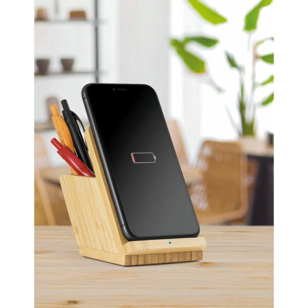 LEAVITT. Smartphone holder and ballpoint holder with 10W fast wireless charger in bamboo