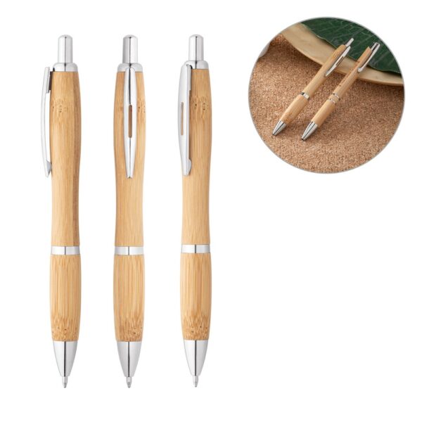 81010_set NICOLE. Bamboo ball pen with clip and metal trim