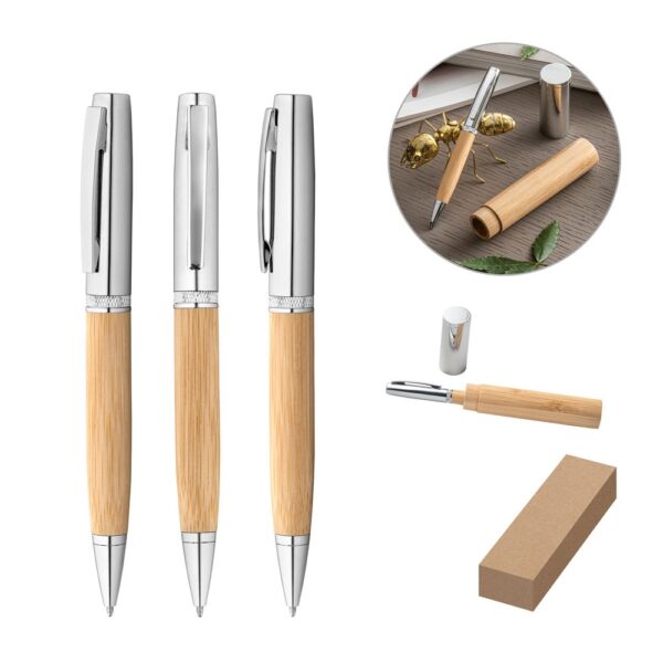 91775_set FUJI. Bamboo and metal ball pen with case