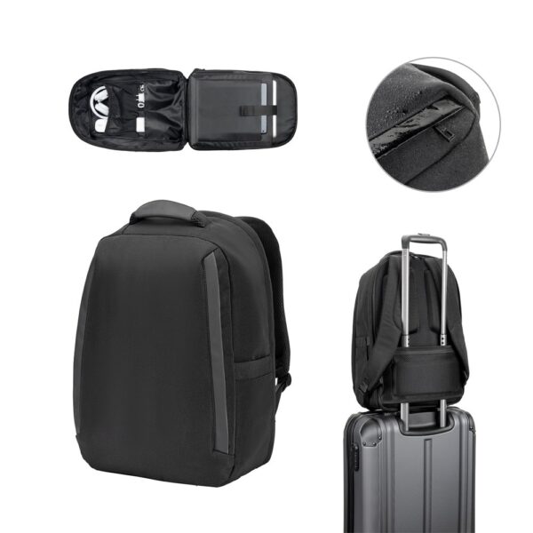 YANGON BPACK. Anti-theft backpack, in twill with water-repellent coating and high-density 600D recycled polyester, for 17'3" laptop