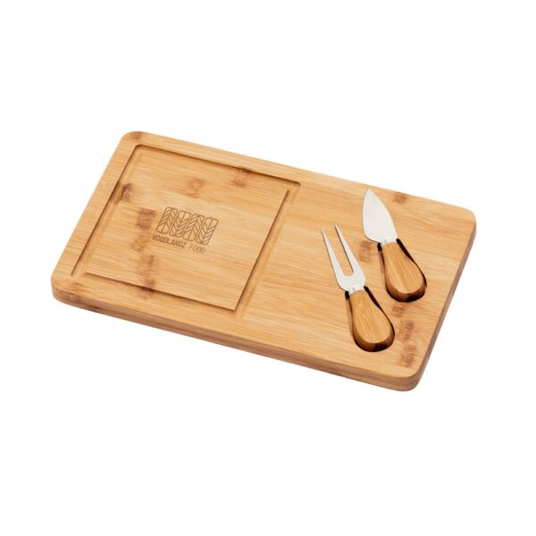 WOODS. Bamboo cheese board with 2 bamboo and stainless steel accessories