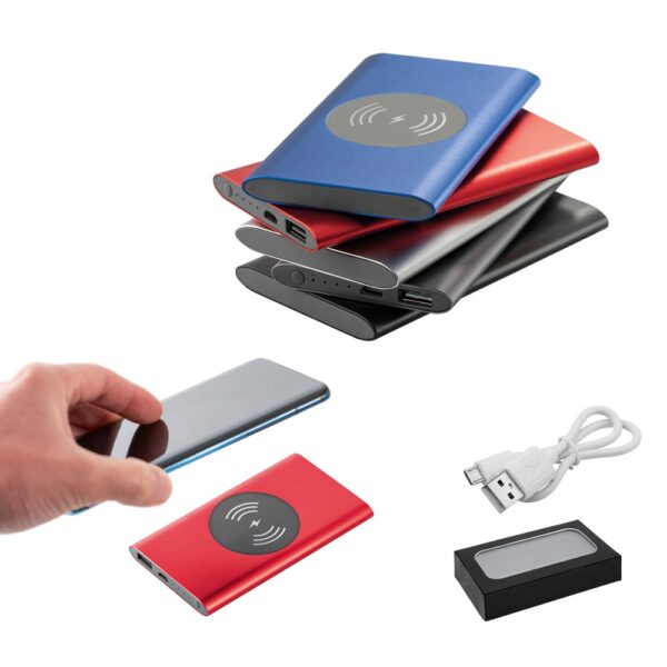 CASSINI. Power bank 4.000 mAh with 5W wireless charger in recycled aluminium (100% rAL)