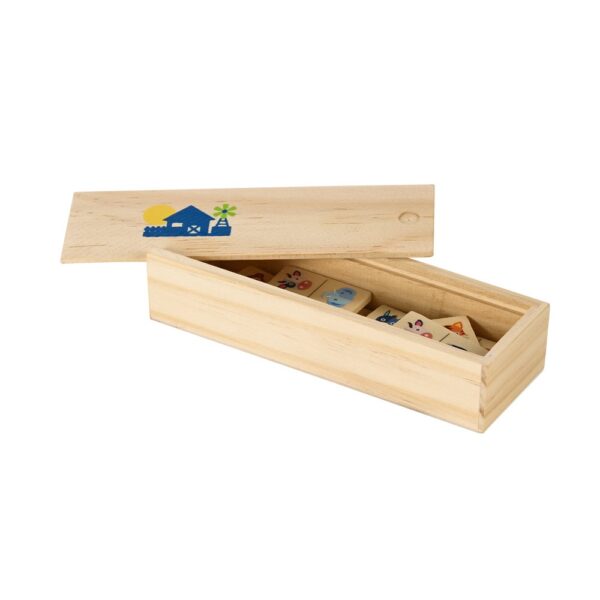 98074_150-box DOMIN. Kids wooden domino game. 28 pieces featuring fun animal figures