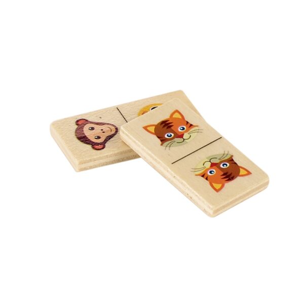 98074_150-e DOMIN. Kids wooden domino game. 28 pieces featuring fun animal figures